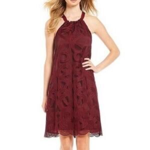 Trina Turk Burgundy Red Silk‎ Embroidered Sleeveless Halter Mini Dress Size XS